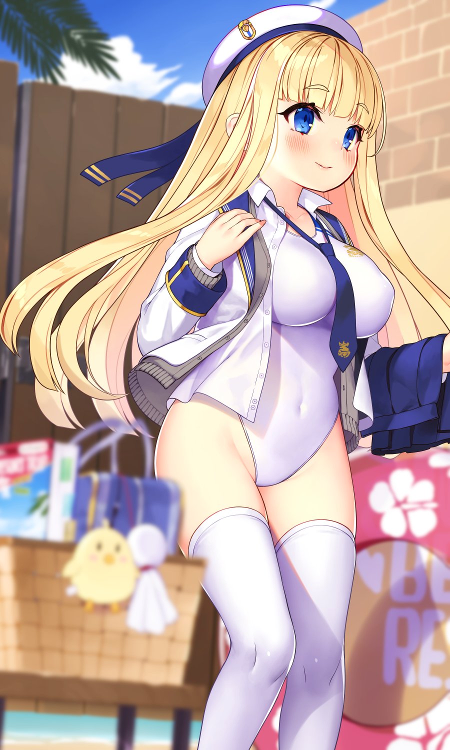 1girl azur_lane bangs bird blonde_hair blue_eyes blue_neckwear blue_sky blunt_bangs blurry brick_wall chick clouds commentary_request competition_swimsuit day depth_of_field eyes_visible_through_hair feet_out_of_frame highres icarus_(azur_lane) icarus_(nereid's_discovery)_(azur_lane) jacket kuro_chairo_no_neko long_hair manjuu_(azur_lane) necktie official_alternate_costume one-piece_swimsuit outdoors school_uniform skirt skirt_removed sky solo swimsuit swimsuit_under_clothes teruterubouzu thigh-highs white_jacket white_legwear white_swimsuit