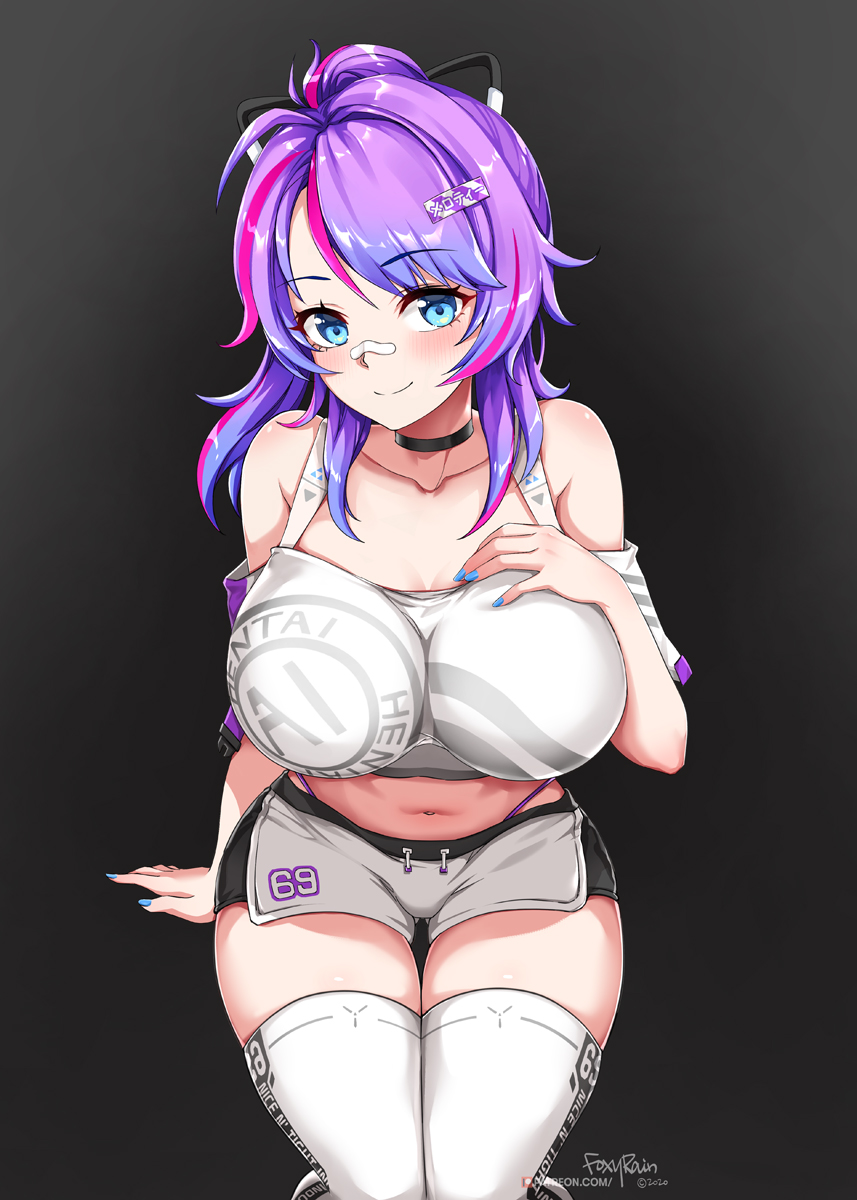 1girl bandaid bandaid_on_nose bare_shoulders blue_eyes blue_hair blush breasts collarbone dated foxyrain grey_background highres large_breasts looking_at_viewer melody_(projektmelody) multicolored_hair navel patreon_username projektmelody purple_hair signature smile solo stomach thigh-highs thighs virtual_youtuber white_legwear