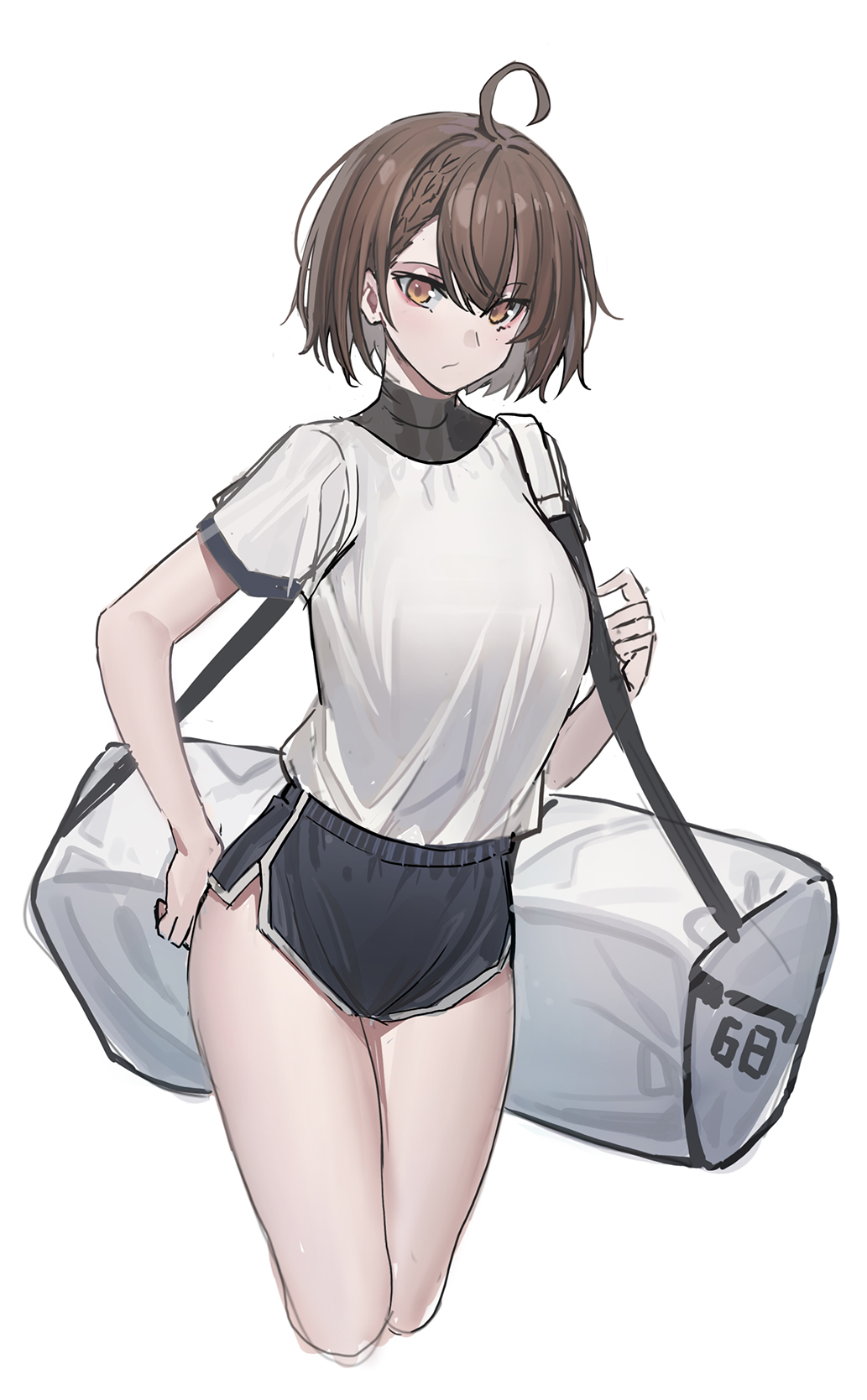 1girl ahoge alternate_costume azur_lane bag baltimore_(azur_lane) bangs black_shorts braid breasts brown_eyes brown_hair closed_mouth commentary_request duffel_bag echj highres large_breasts shirt short_hair short_shorts shorts side_braid standing thighs white_background white_shirt