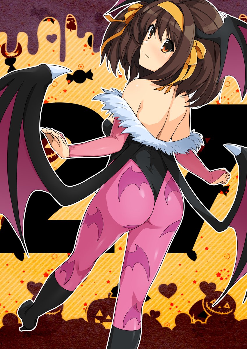 1girl animal_print ass bangs bat_print blush boots brown_eyes brown_hair candy commentary_request cosplay countdown demon_wings elbow_gloves eyebrows_visible_through_hair food from_behind fur_trim gloves hairband halloween haruhisky head_wings high_heel_boots high_heels highres light_smile morrigan_aensland morrigan_aensland_(cosplay) ribbon short_hair solo suzumiya_haruhi suzumiya_haruhi_no_yuuutsu vampire_(game) wings yellow_hairband yellow_ribbon