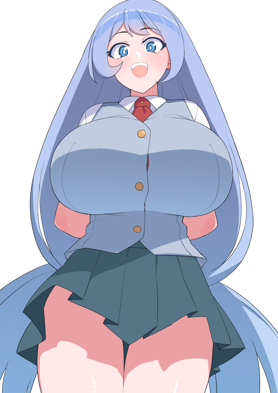 1girl :d akitokage01 arms_behind_back bangs blue_eyes blue_hair blush boku_no_hero_academia breasts collared_shirt commentary_request cowboy_shot eyebrows_visible_through_hair from_below hadou_nejire highres huge_breasts light_blue_hair long_hair looking_at_viewer miniskirt necktie open_mouth pleated_skirt red_neckwear school_uniform shirt simple_background skirt smile solo thick_thighs thigh_gap thighs u.a._school_uniform upper_teeth very_long_hair white_background