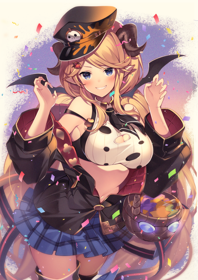 1girl blonde_hair blue_eyes breasts claw_pose confetti draph granblue_fantasy grin hallessena halloween_basket hat homaderi horns large_breasts long_hair navel plaid plaid_skirt pointy_ears skirt smile