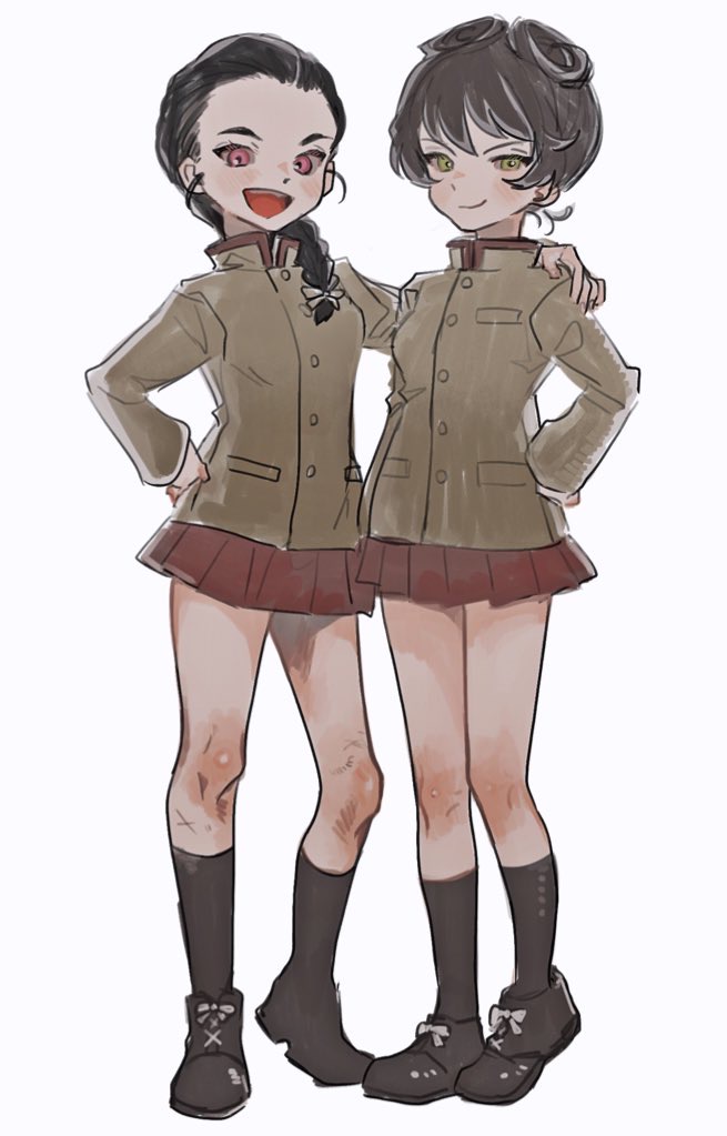 arm_around_shoulder bangs black_footwear black_hair black_legwear braid brown_hair brown_jacket chi-hatan_school_uniform closed_mouth commentary cross-laced_footwear girls_und_panzer green_eyes hair_over_shoulder hair_pulled_back hair_ribbon hair_rings hand_on_hip heel_up high_collar hosomi_(girls_und_panzer) jacket long_hair long_sleeves looking_at_viewer miniskirt open_mouth pleated_skirt red_skirt ribbon school_uniform shoes short_hair side-by-side simple_background single_braid skirt smirk smug socks standing tama_launcher tamada_(girls_und_panzer) violet_eyes white_background white_ribbon