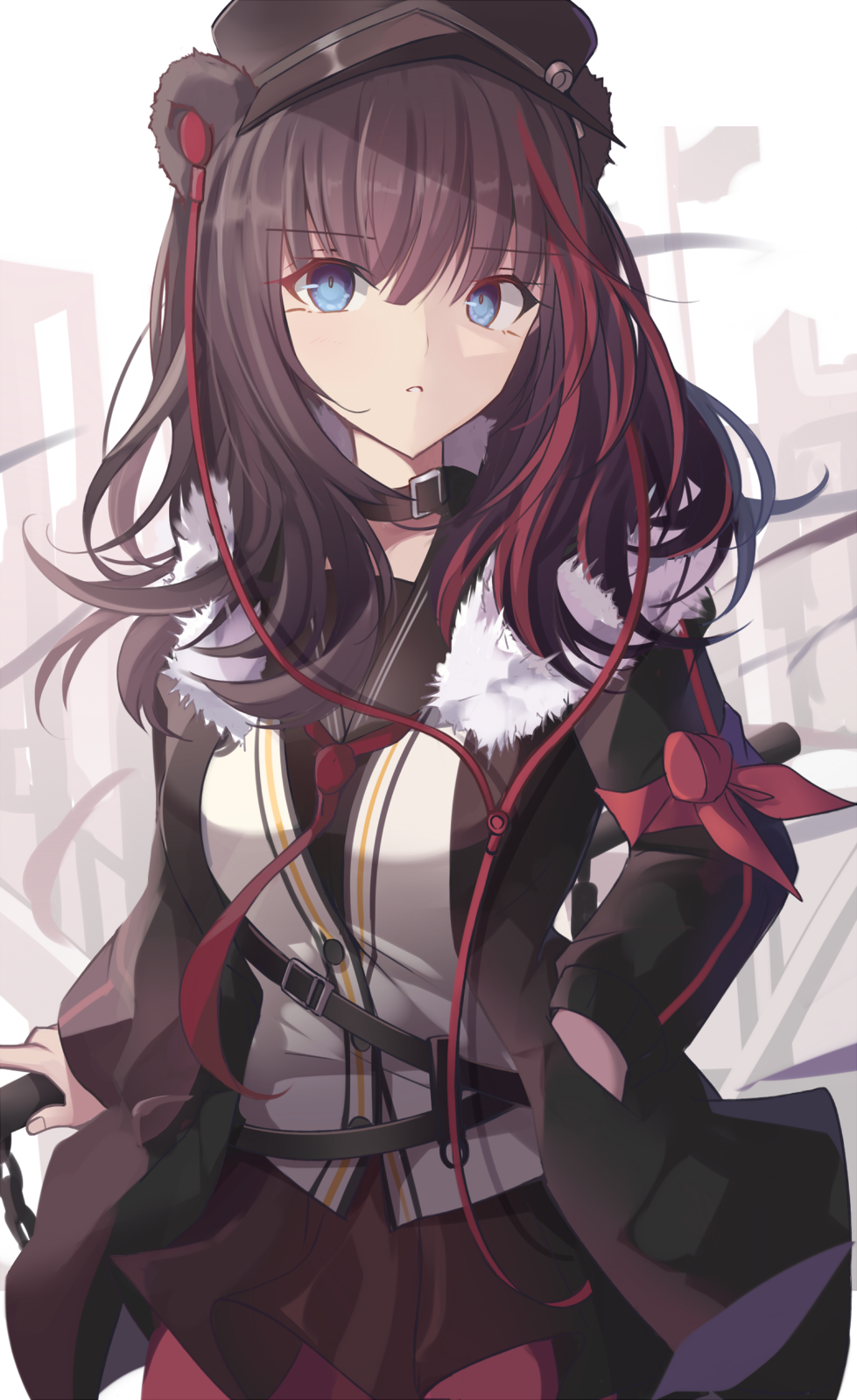 1girl animal_ears arknights axe bangs bear_ears black_choker black_jacket black_sailor_collar black_shirt blue_eyes breasts brown_hair brown_skirt choker earphones earphones fur-trimmed_jacket fur_trim hair_between_eyes hand_in_pocket hand_up hat highres holding holding_axe jacket long_hair long_sleeves looking_at_viewer multicolored_hair open_clothes open_jacket pantyhose peaked_cap pleated_skirt red_legwear red_neckwear redhead ribbed_legwear sailor_collar school_uniform serafuku shirt sidelocks skirt small_breasts solo stratoz streaked_hair white_jacket zima_(arknights)