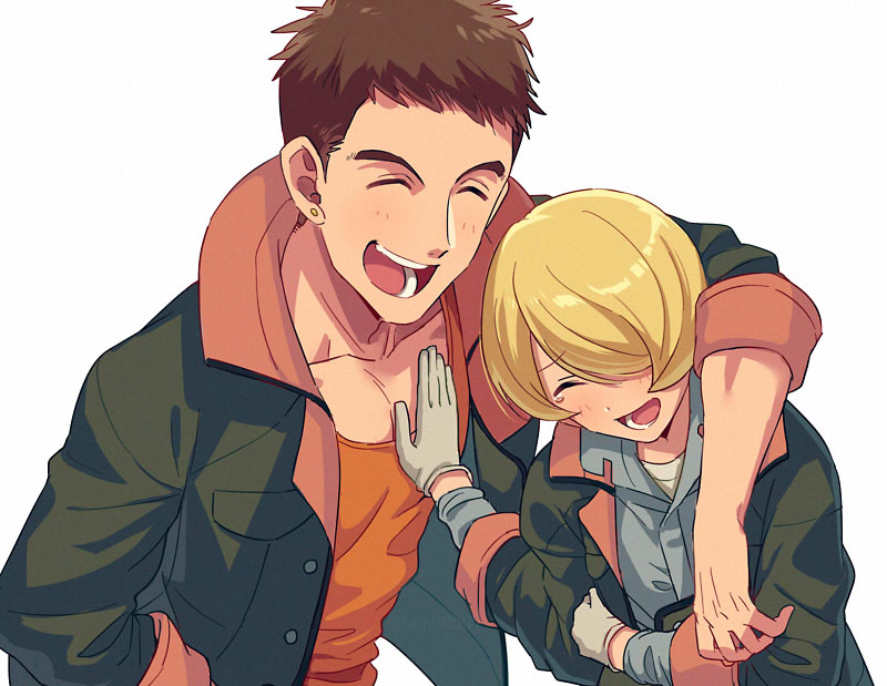 2boys :d ^_^ arm_around_neck blonde_hair blue_shirt brown_hair chest closed_eyes collared_shirt commentary_request gloves green_jacket grey_gloves gundam gundam_tekketsu_no_orphans hair_over_one_eye hand_on_another's_chest hug jacket laughing male_focus multiple_boys norba_shino open_clothes open_jacket open_mouth orange_shirt sayshownen shirt short_hair smile teeth undershirt upper_body yamagi_gilmerton