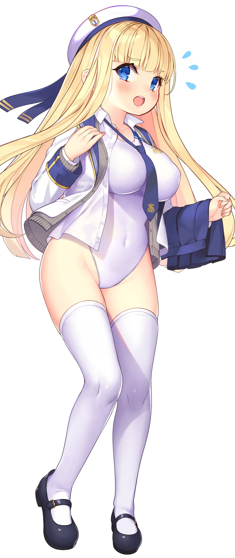 /\/\/\ 1girl azur_lane bangs black_footwear blonde_hair blue_eyes blue_neckwear blunt_bangs commentary_request competition_swimsuit eyes_visible_through_hair full_body highres icarus_(azur_lane) icarus_(nereid's_discovery)_(azur_lane) jacket kuro_chairo_no_neko long_hair mary_janes necktie official_alternate_costume one-piece_swimsuit outdoors school_uniform shoes simple_background skirt skirt_removed sky solo standing swimsuit swimsuit_under_clothes thigh-highs white_background white_jacket white_legwear white_swimsuit