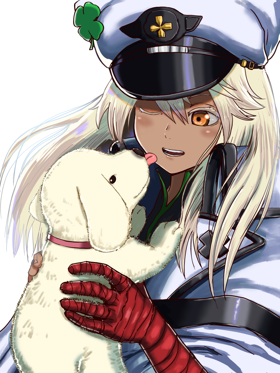 1girl clover dog face_licking four-leaf_clover guilty_gear guilty_gear_strive hat highres licking magehound puppy ramlethal_valentine silver_hair user_amdz8785 yellow_eyes