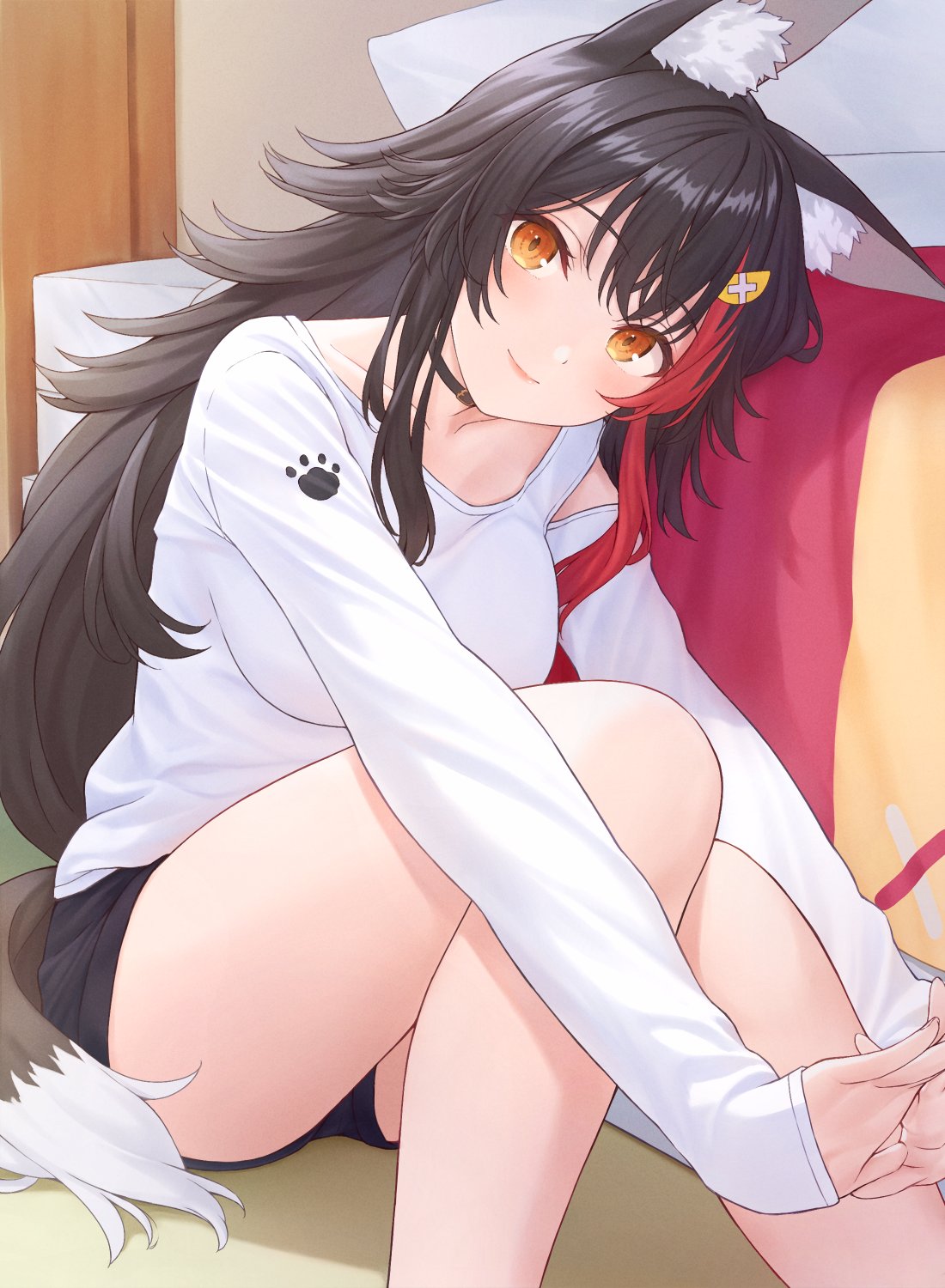 1girl alternate_costume animal_ear_fluff animal_ears bed black_hair breasts brown_eyes brown_hair choker collarbone gradient_hair hair_ornament highres hololive indoors large_breasts leaning_to_the_side lips long_hair looking_at_viewer multicolored_hair nananichi on_floor ookami_mio paw_print_pattern shirt shorts sidelocks sitting sleeves_past_wrists smile solo streaked_hair tail thighs very_long_hair white_shirt wolf_ears wolf_tail
