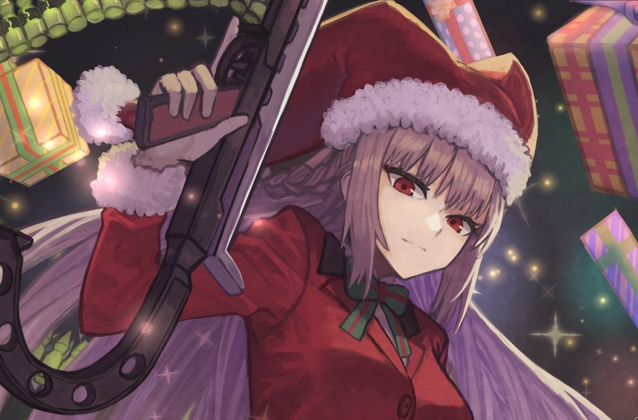 1girl bow braid christmas close-up fate/grand_order fate_(series) florence_nightingale_(fate/grand_order) florence_nightingale_santa_(fate/grand_order) fur-trimmed_headwear gift green_bow gun hat holding holding_weapon janoukyo19 present red_eyes santa_costume santa_hat silver_hair sparkle_background weapon