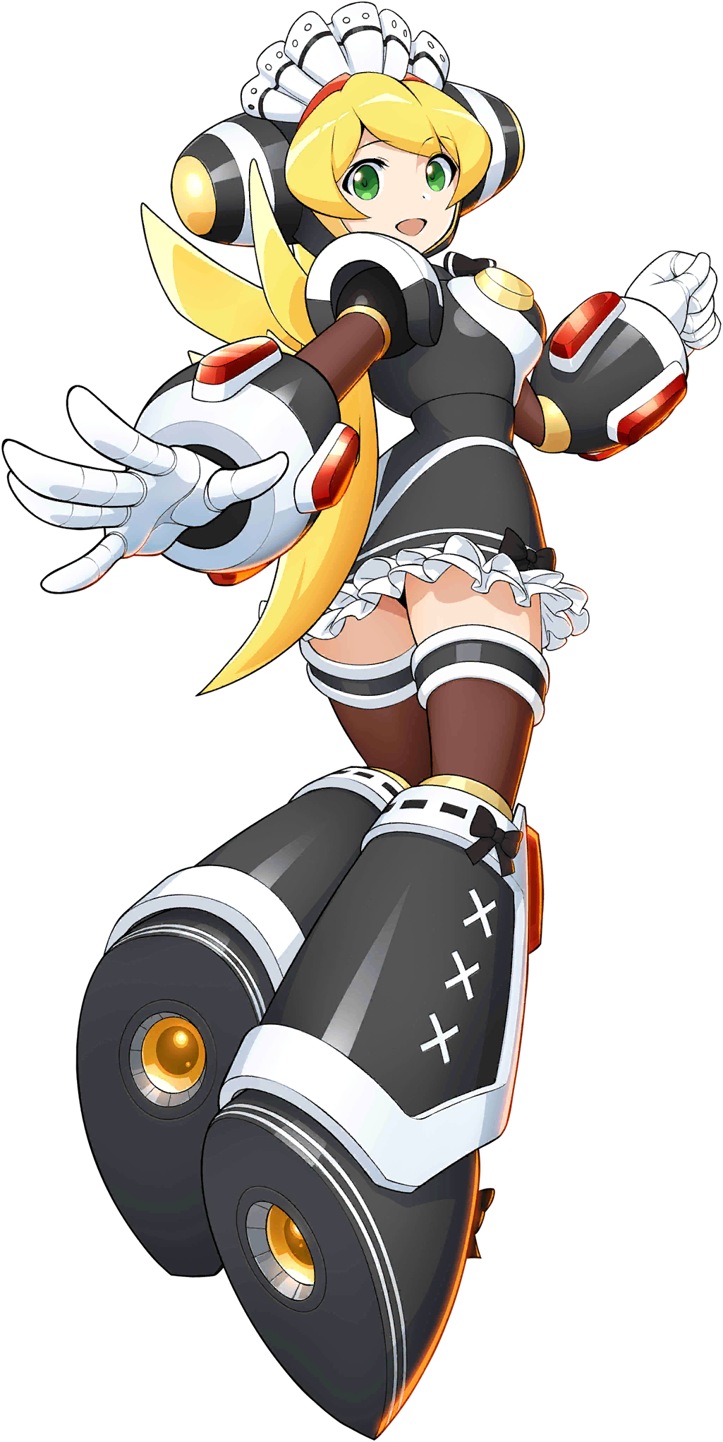 1girl :d alternate_costume android blonde_hair breasts capcom cinnamon eyebrows_visible_through_hair frills from_behind full_body green_eyes headgear highres legs_together long_hair looking_at_viewer looking_back maid maid_headdress mizuno_keisuke official_art open_mouth rockman rockman_x rockman_x_command_mission rockman_x_dive smile solo thigh-highs transparent_background zettai_ryouiki