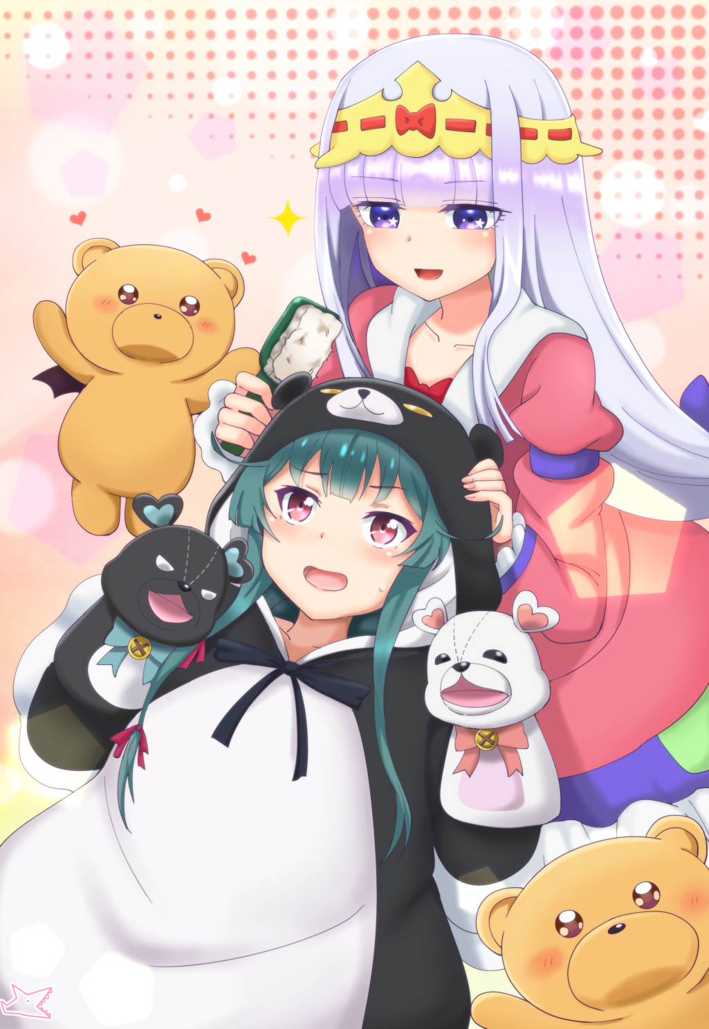 2girls :o animal_costume aurora_sya_lis_kaymin bear_costume brush crossover dress green_hair hand_puppet heart highres hood kuma_kuma_kuma_bear long_sleeves maou-jou_de_oyasumi multiple_girls puppet purple_hair red_dress red_eyes samenoido sidelocks teddy_demon violet_eyes yuna_(kuma_kuma_kuma_bear)