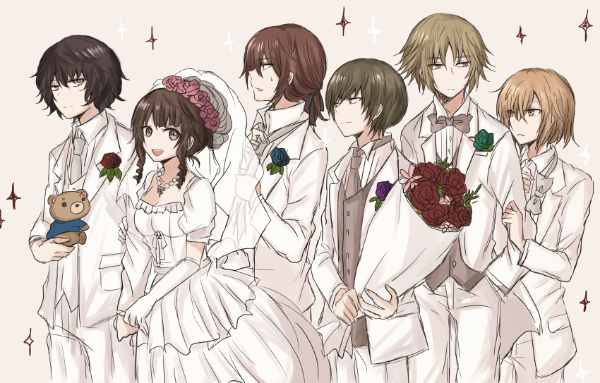 1girl 5boys :d bouquet boutonniere bow bride brown_eyes brown_hair character_request copyright_request dress elbow_gloves flower formal gloves grey_bow grey_vest groom hair_flower hair_ornament holding holding_stuffed_toy locked_arms long_hair multiple_boys open_mouth profile simple_background smile sofako_(miuccha) sparkle standing stuffed_toy suit veil vest white_dress white_gloves white_suit