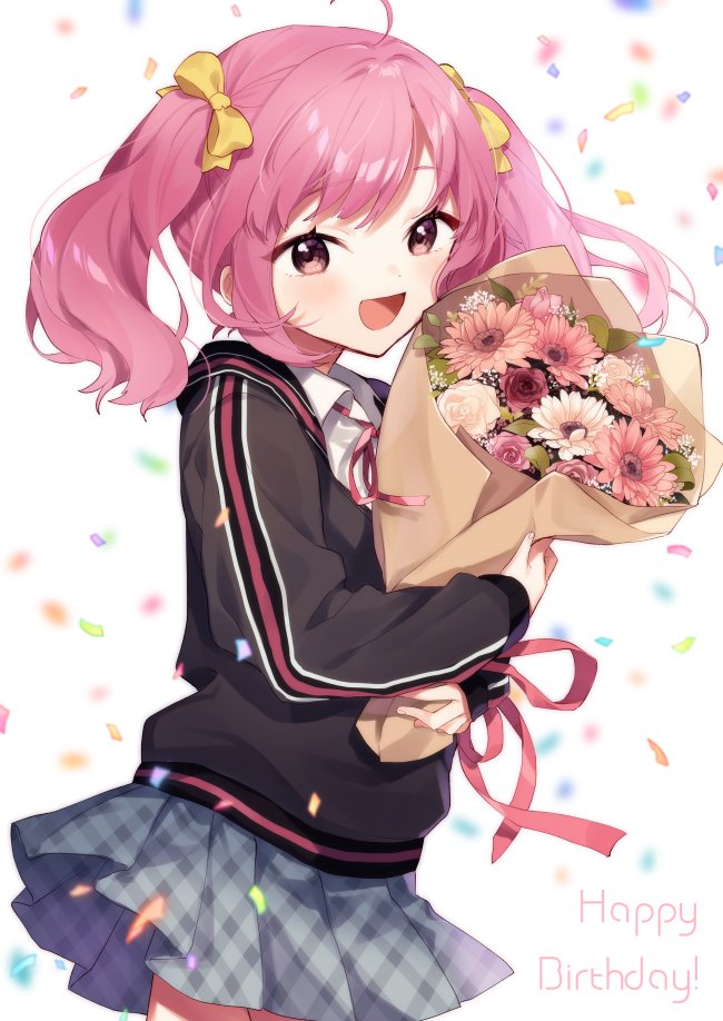 1girl :d achikita_chinami ahoge bangs black_jacket blurry blurry_background blush bouquet bow brown_eyes brown_flower collared_shirt commentary_request confetti depth_of_field eyebrows_visible_through_hair flower grey_skirt hair_bow happy jacket long_hair looking_at_viewer neck_ribbon nijisanji object_hug open_mouth pink_flower pink_hair plaid plaid_skirt pleated_skirt red_flower red_ribbon red_rose ribbon rose shirt simple_background skirt smile solo twintails unmoving_pattern virtual_youtuber white_background white_flower white_rose white_shirt yamabukiiro yellow_bow