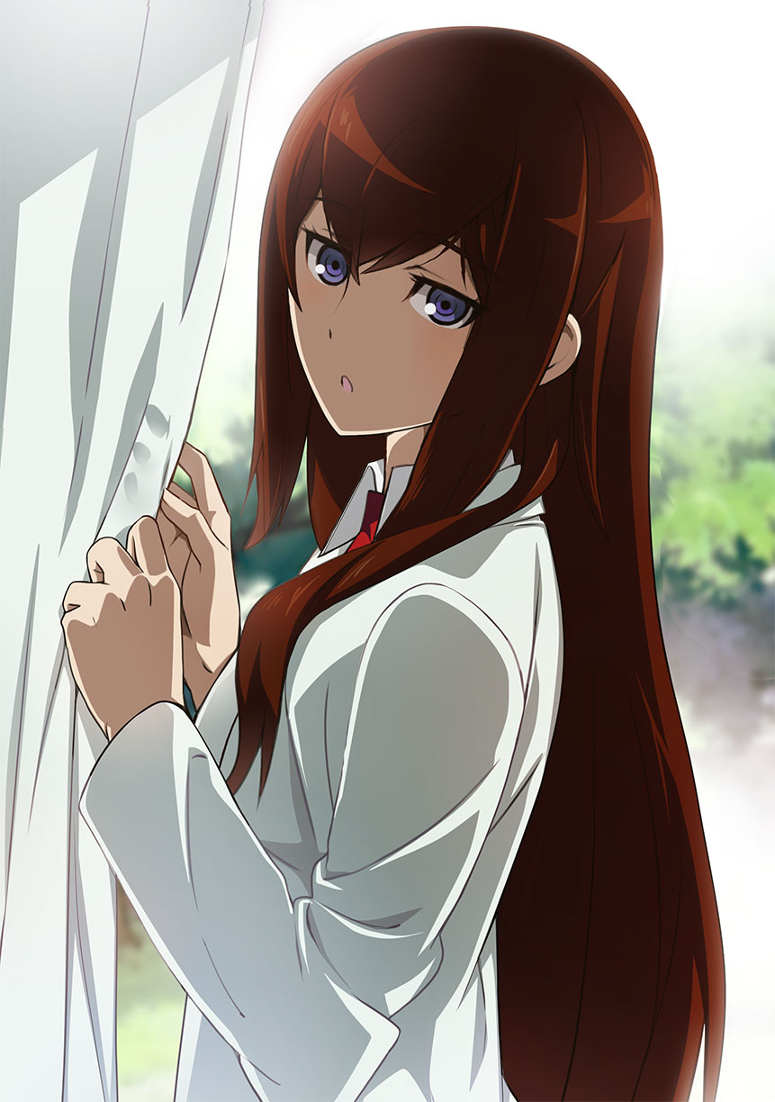 1girl bangs blue_eyes blurry blurry_background brown_hair curtains eyebrows_visible_through_hair from_side hair_between_eyes highres labcoat long_hair long_sleeves looking_at_viewer makise_kurisu necktie ny0r0ny0r0 open_mouth red_neckwear shiny shiny_hair solo steins;gate straight_hair very_long_hair