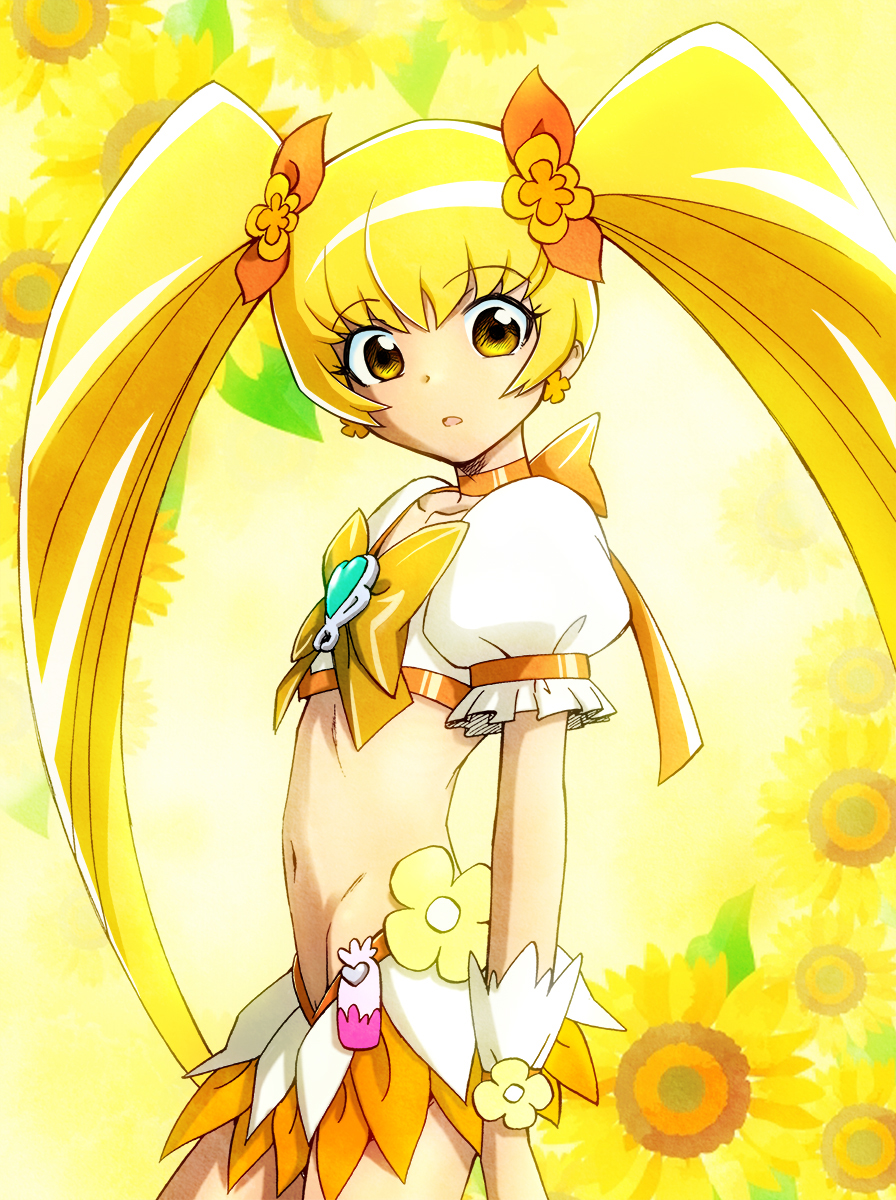 1girl bangs blonde_hair bow choker collarbone commentary_request cowboy_shot crop_top cure_sunshine earrings eyebrows_visible_through_hair flat_chest floral_background flower groin hair_ribbon heart heartcatch_precure! highres jewelry layered_skirt long_hair looking_at_viewer magical_girl midriff navel orange_bow orange_choker orange_skirt parted_lips precure puffy_short_sleeves puffy_sleeves ribbon shirt short_sleeves sidelocks skirt solo standing sunflower twintails unno_hotaru very_long_hair white_shirt white_skirt wrist_cuffs yellow_background yellow_bow yellow_eyes