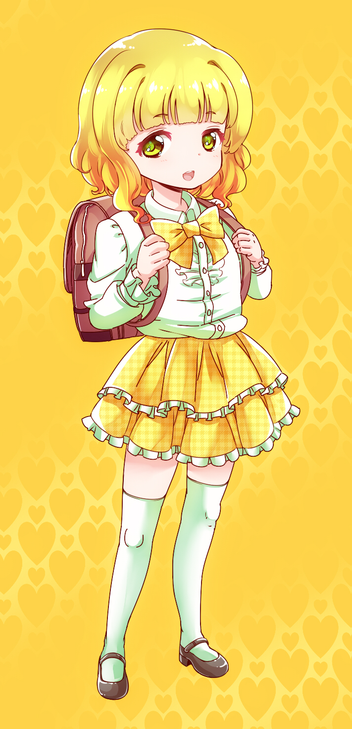 1girl backpack bag black_footwear blonde_hair commentary_request full_body green_eyes highres mary_janes miniskirt open_mouth original randoseru shirt shoes short_hair skirt smile solo thigh-highs uta_kaiko white_legwear white_shirt yellow_skirt