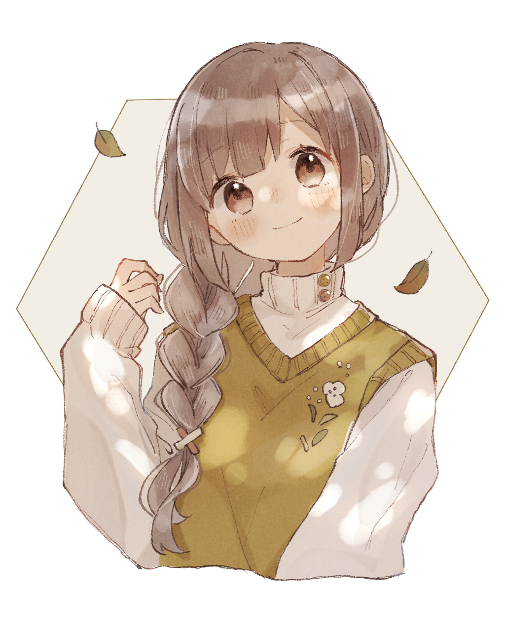 1girl braid brown_eyes eyebrows_visible_through_hair floral_print highres leaf long_hair looking_at_viewer original shano-pirika simple_background smile solo sweater sweater_vest