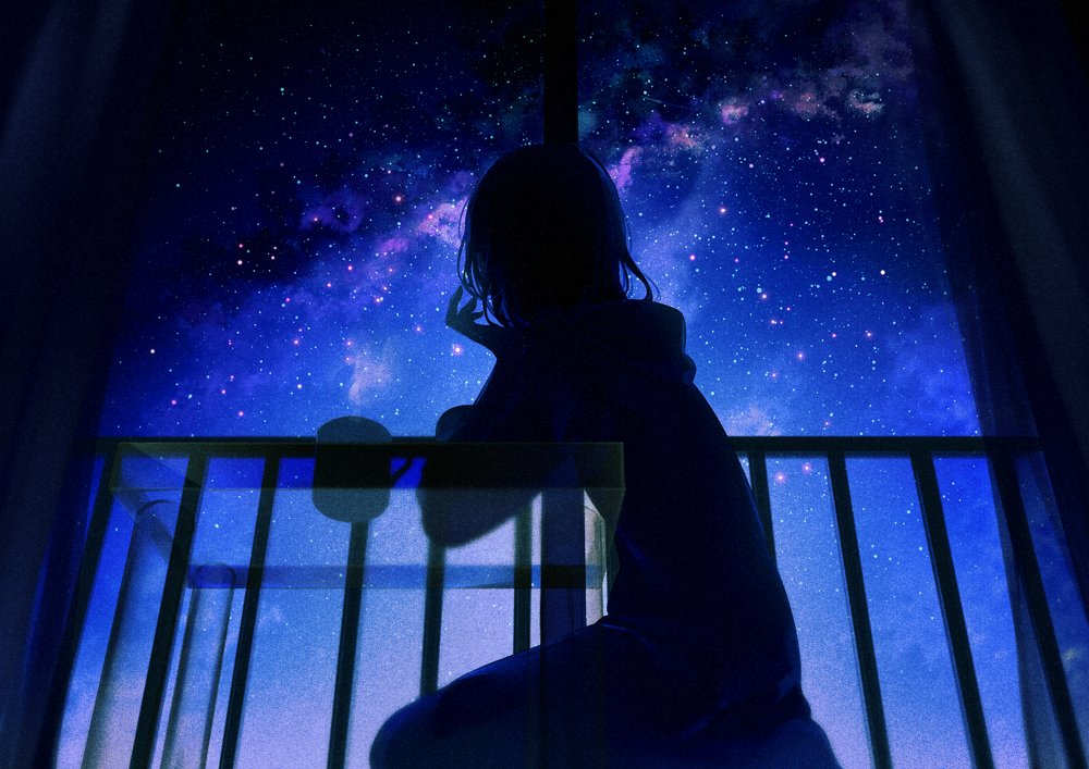 1girl achiki black_sky blue_sky chin_rest coffee_mug commentary cup facing_away from_behind gradient_sky indoors kneeling medium_hair milky_way mug night night_sky original railing silhouette sky sliding_doors solo star_(sky) starry_sky table transparent window