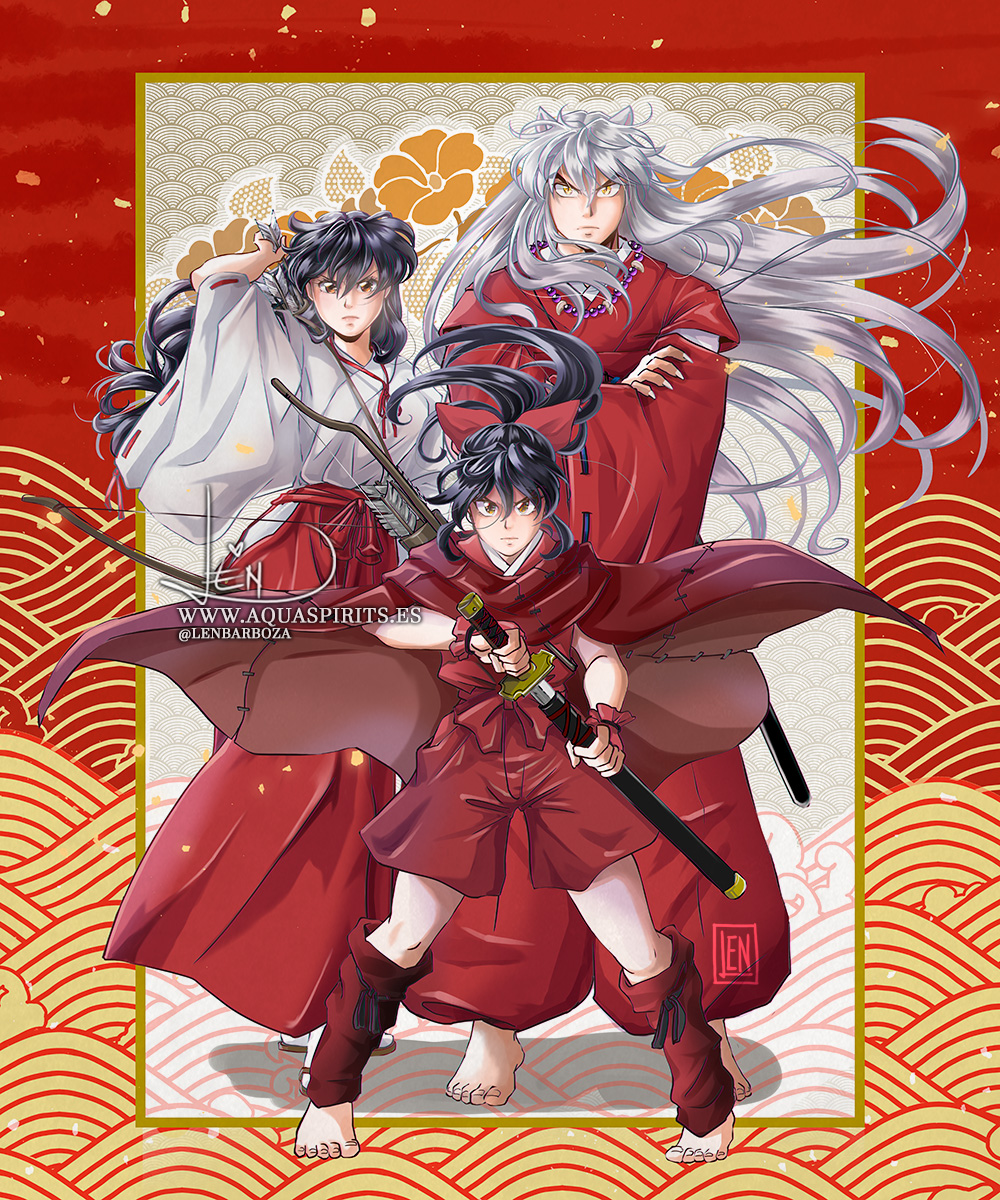 1boy 2girls animal_ears barefoot bead_necklace beads black_hair bow brown_eyes couple dog_ears family fang father_and_daughter hair_bow han'you_no_yashahime highres higurashi_kagome inuyasha inuyasha_(character) japanese_clothes jewelry kimono lennys long_hair long_sleeves looking_at_viewer miko moroha mother_and_daughter multiple_girls necklace parent_and_child pearl_necklace silver_hair smile sword weapon white_hair wide_sleeves yellow_eyes youkai