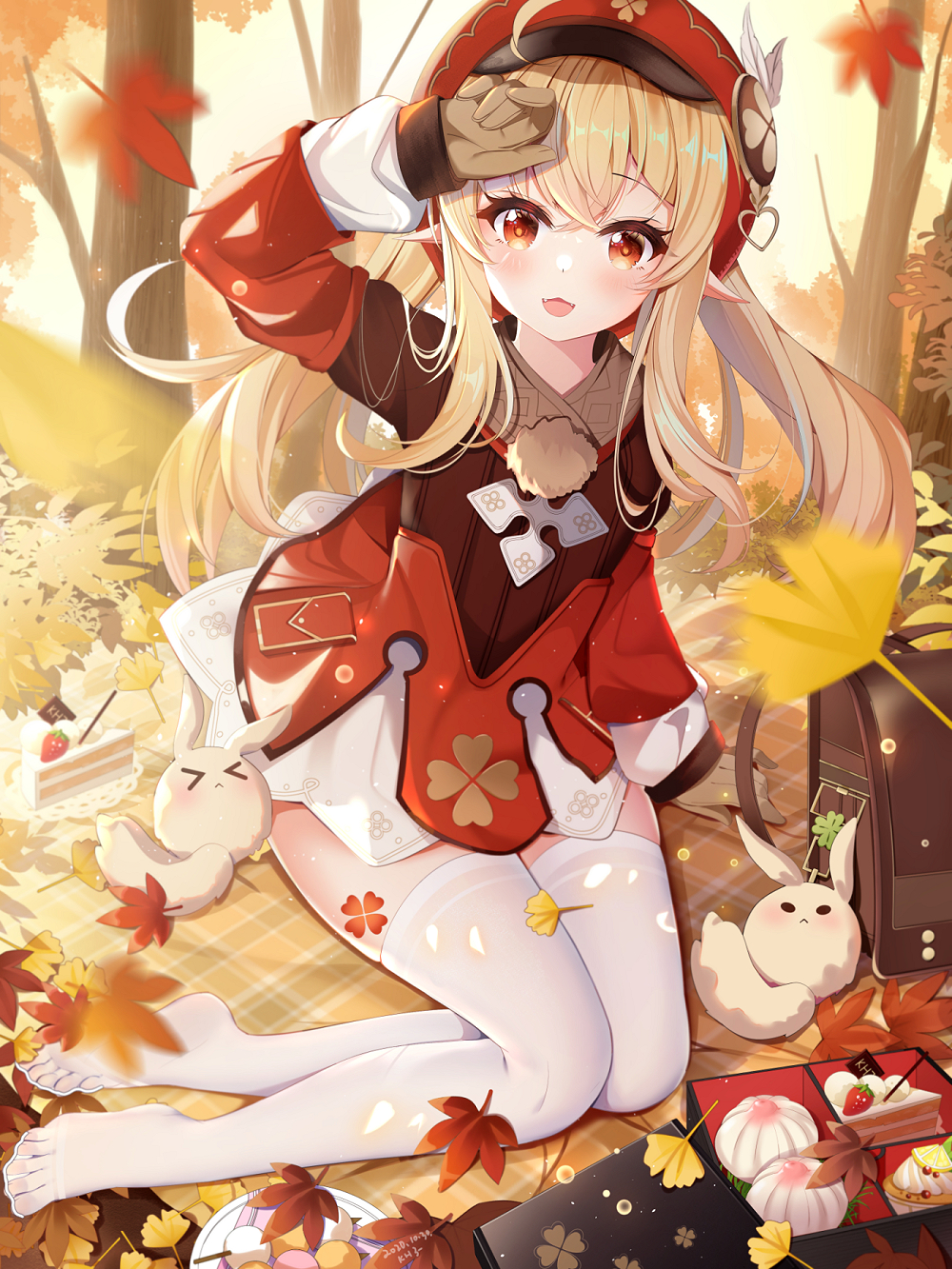 &gt;_&lt; 1girl :d ahoge arm_support arm_up autumn autumn_leaves backpack bag blanket blonde_hair blurry blurry_foreground brown_gloves cabbie_hat commentary_request depth_of_field dress food fruit full_body genshin_impact ginkgo_leaf gloves hat highres klee_(genshin_impact) leaf long_hair long_sleeves looking_at_viewer low_twintails maple_leaf miaoguujuun_qvq no_shoes open_mouth pointy_ears red_dress red_headwear sidelocks sleeves_past_wrists smile soles solo strawberry thigh-highs tree twintails very_long_hair white_legwear