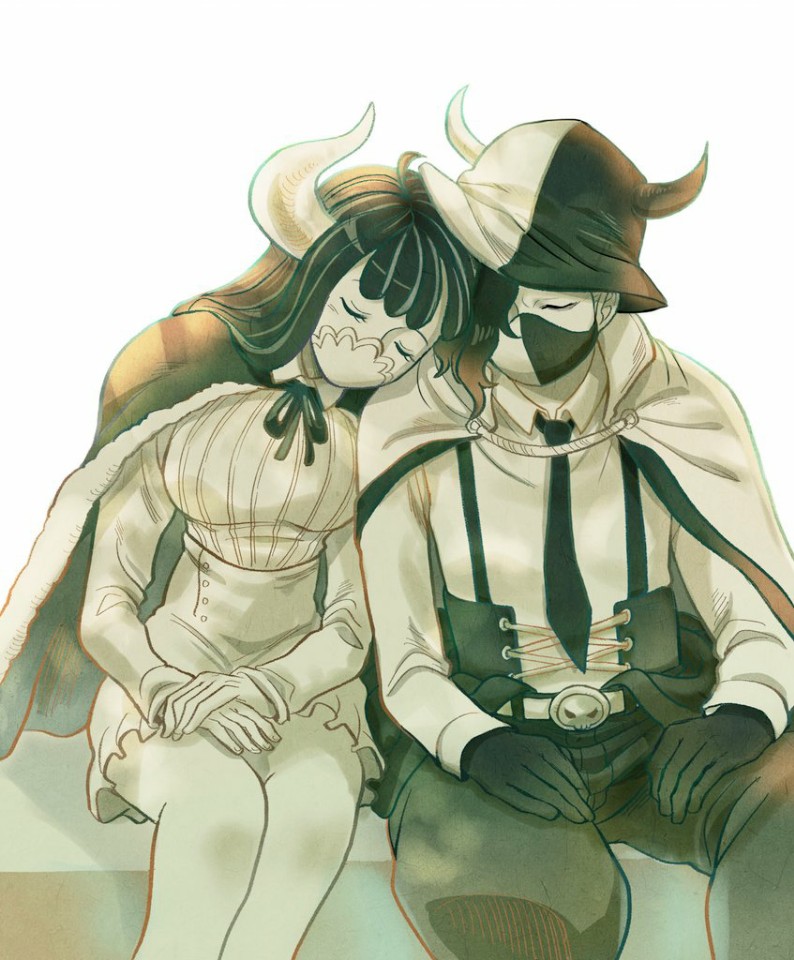 1boy 1girl bare_legs belt brother_and_sister cape closed_eyes collared_cape collared_shirt corset covered_mouth facing_viewer fur-trimmed_cape fur_trim gloves hand_rest hat head_on_shoulder high-waist_skirt high_collar horns horns_through_headwear living_(pixiv5031111) long_hair long_sleeves mask mouth_mask multicolored_hair necktie one_piece own_hands_together page_one_(one_piece) pants peaceful shirt siblings side-by-side sitting skirt sleeping streaked_hair suspenders sweater two-tone_hair ulti_(one_piece) wing_collar