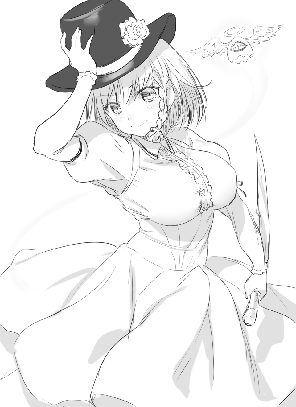 1girl braid breasts charlotte_corday_(fate/grand_order) dress fate/grand_order fate_(series) flower greyscale hat hat_flower highres holding holding_knife juliet_sleeves knife large_breasts long_dress long_sleeves monochrome onsoku_inu puffy_sleeves sketch