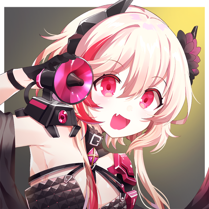 1girl :d armpits bangs black_dress black_gloves blonde_hair commentary_request dinergate_(girls_frontline) dress eyebrows_visible_through_hair fang flower girls_frontline gloves hair_between_eyes hair_flower hair_ornament happy headgear jin2 m4_sopmod_ii_(girls_frontline) megaphone multicolored_hair official_alternate_costume open_mouth red_eyes ro635_(dinergate) smile solo streaked_hair