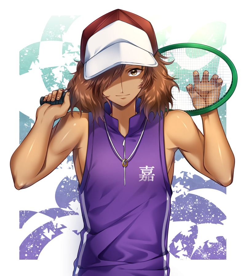 1boy bangs bare_arms bare_shoulders baseball_cap brown_eyes brown_hair character_request closed_mouth commentary_request dark_skin dark_skinned_male hair_over_one_eye hands_up hat holding jewelry koyoka looking_at_viewer male_focus medium_hair necklace purple_shirt racket red_headwear ring ring_necklace shirt sleeveless sleeveless_shirt smile solo tennis_no_ouji-sama tennis_racket upper_body white_headwear