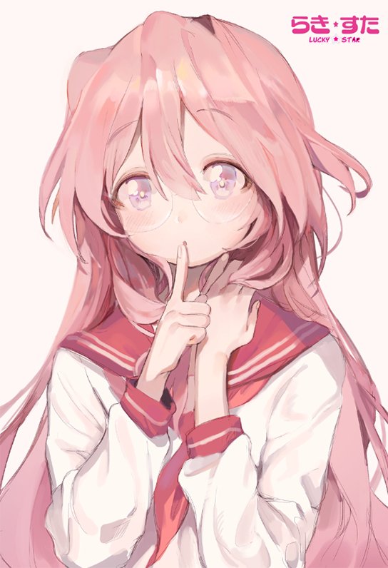 1girl :o bangs blush copyright_name eyebrows_visible_through_hair finger_to_mouth freng glasses hair_between_eyes index_finger_raised long_hair long_sleeves lucky_star neckerchief pink_background pink_hair purple_hair red_neckwear red_sailor_collar sailor_collar school_uniform serafuku simple_background solo takara_miyuki upper_body