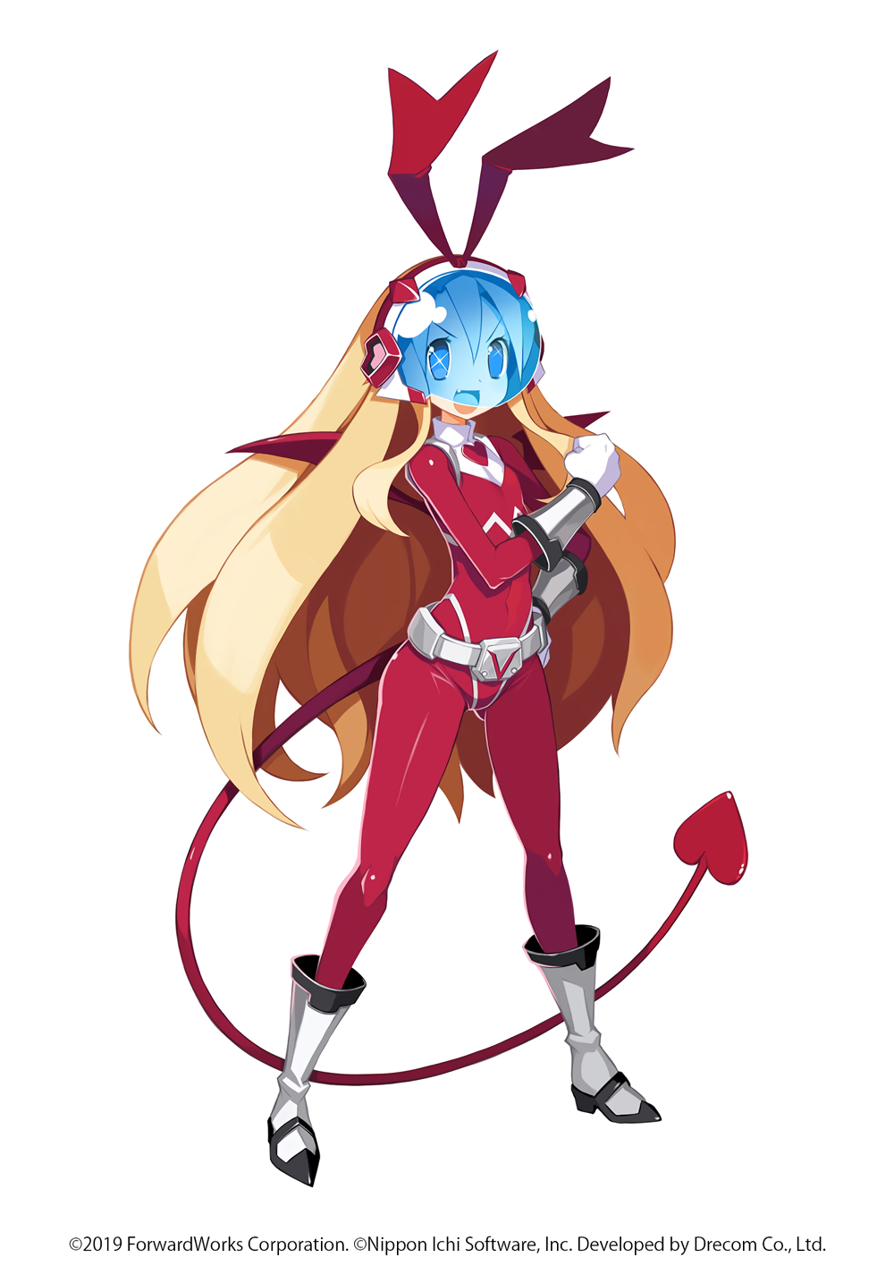 1girl 2019 blonde_hair bodysuit boots clenched_hand copyright dated demon_girl demon_tail demon_wings disgaea disgaea_rpg fang flat_chest flonne flonne_(fallen_angel) full_body hand_on_hip highres long_hair official_art open_mouth red_bodysuit simple_background solo standing tail visor white_background wings