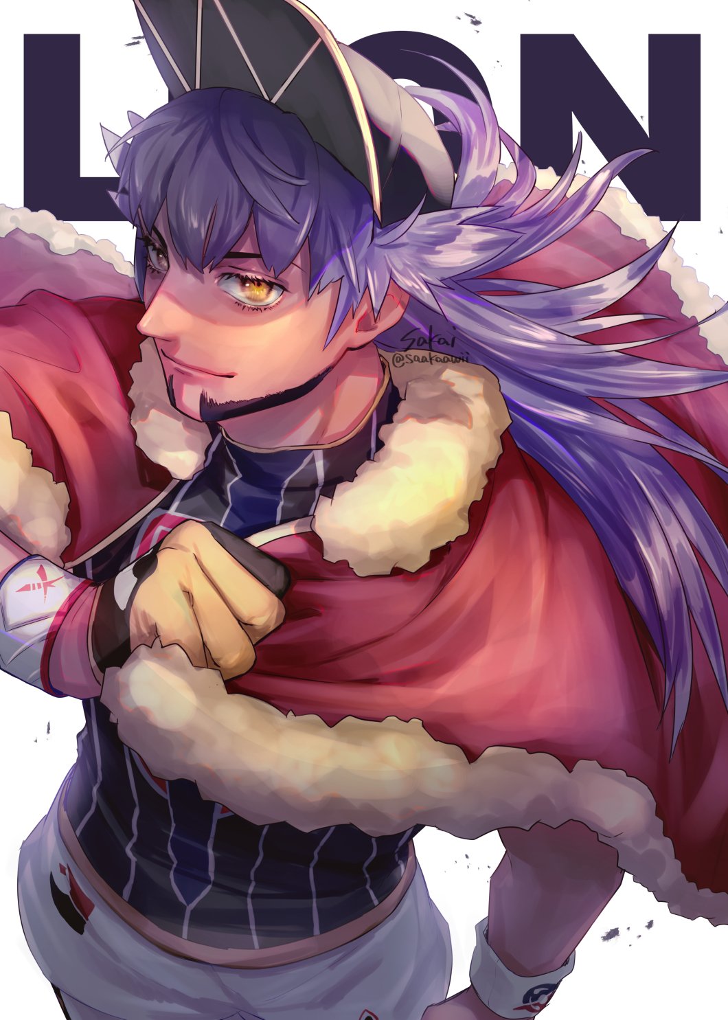 1boy artist_name bangs baseball_cap cape champion_uniform character_name commentary dark_skin dark_skinned_male dynamax_band facial_hair fur-trimmed_cape fur_trim gloves hat highres holding leon_(pokemon) long_hair male_focus pokemon pokemon_(game) pokemon_swsh purple_hair red_cape sakai_(motomei) shirt shorts smile solo watermark yellow_eyes