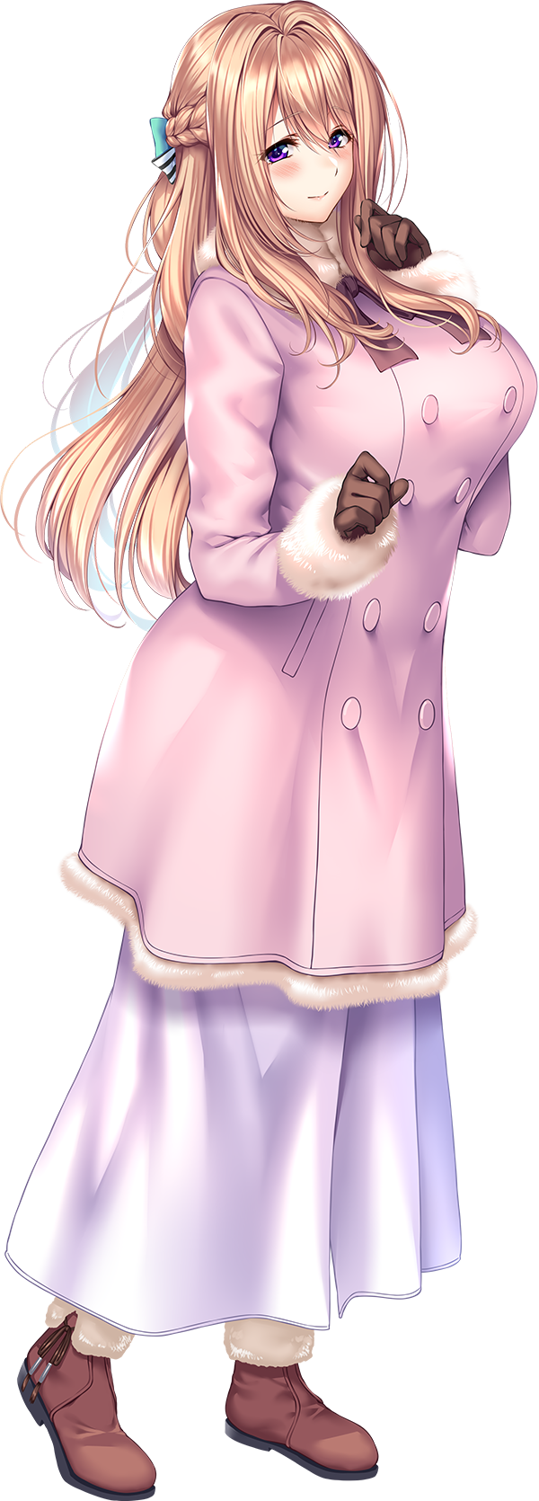 1girl amakano_2 blonde_hair blush braid brown_footwear brown_gloves eyebrows_visible_through_hair french_braid full_body fur_trim gloves highres long_hair long_skirt long_sleeves official_art pink_coat piromizu skirt solo standing transparent_background tsutamachi_chitose violet_eyes