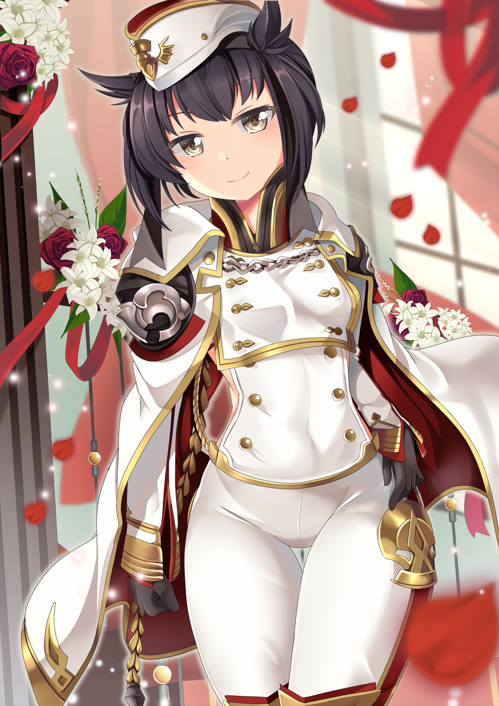 1girl aiguillette bangs black_gloves breasts brown_hair buttons cape commentary_request cosplay cowboy_shot eyebrows_visible_through_hair flower gloves granblue_fantasy hair_flaps hand_on_hip hat hatsuzuki_(kantai_collection) highres ilsa_(granblue_fantasy) ilsa_(granblue_fantasy)_(cosplay) indoors kantai_collection light_particles light_rays looking_at_viewer outline pants petals red_flower red_rose rose short_hair sideless_outfit sidelocks small_breasts smile solo standing tagme thigh_gap white_cape white_flower white_headwear white_pants window yasume_yukito yellow_eyes