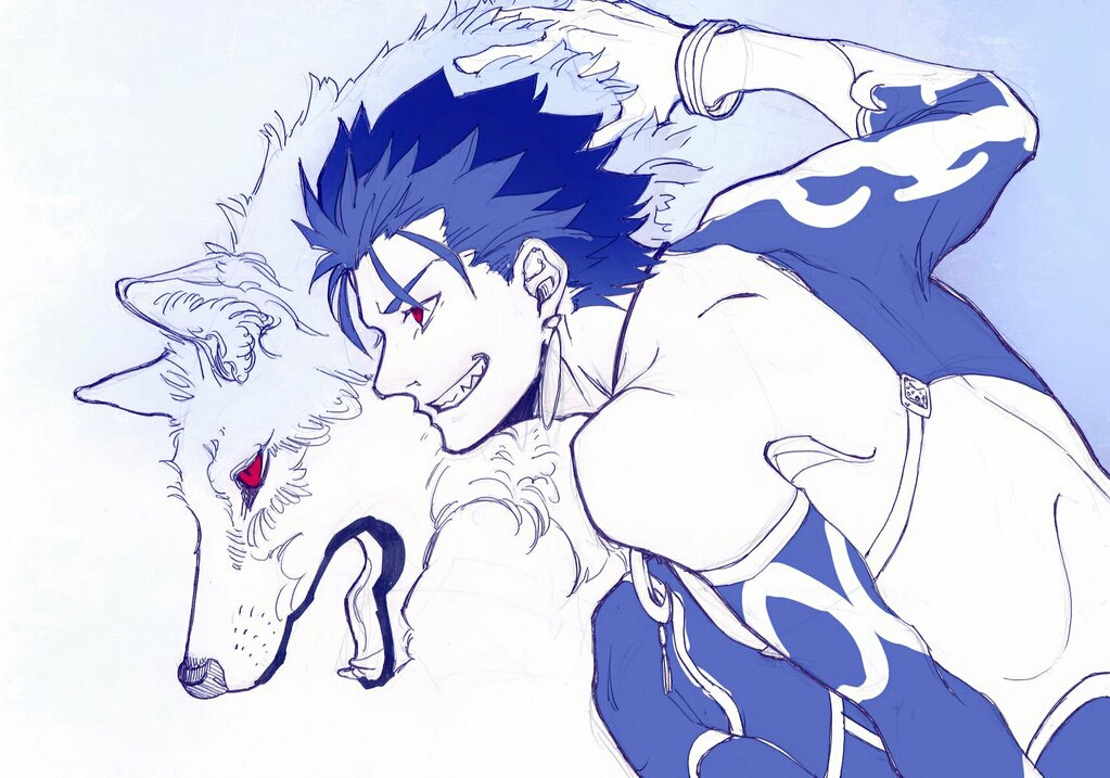 1boy 1other back blue_hair bobtomgom bracelet crescent_necklace cu_chulainn_(fate)_(all) detached_sleeves dog earrings fate/grand_order fate/stay_night fate_(series) from_side fur grin jewelry lancer necklace red_eyes shirtless short_hair smile spiky_hair strap type-moon wolf