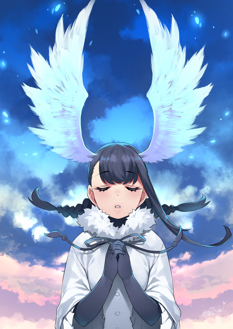 1girl bangs bird_girl bird_wings black-headed_ibis_(kemono_friends) black_gloves black_hair black_neckwear bow bowtie braid closed_eyes commentary_request elbow_gloves eyebrows_visible_through_hair frilled_sleeves frills fur_collar gloves hands_clasped happa_(cloverppd) head_wings kemono_friends neck_ribbon own_hands_together ribbon shirt short_hair short_sleeves solo twin_braids white_fur white_shirt wings