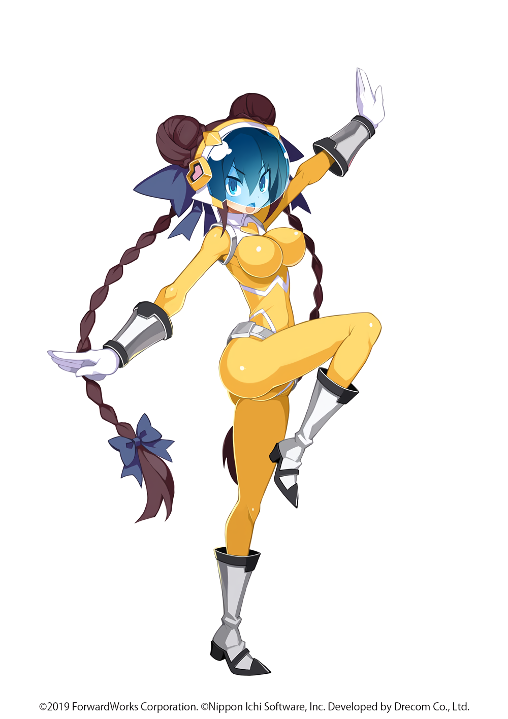 1girl 2019 bodysuit boots braid breasts brown_hair copyright dated disgaea disgaea_rpg double_bun female_brawler_(disgaea) full_body gloves highres large_breasts long_hair official_art open_mouth outstretched_arms simple_background skin_tight solo spread_arms standing standing_on_one_leg twin_braids very_long_hair visor white_background yellow_bodysuit