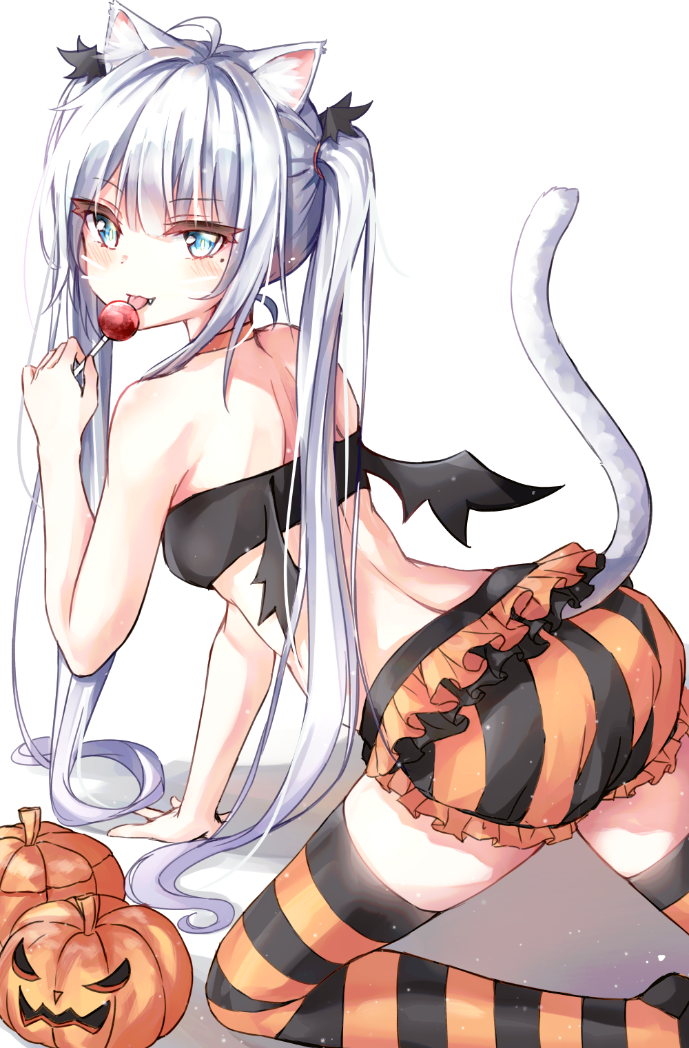 1girl ahoge all_fours animal_ears ass bandeau bangs bare_arms bare_shoulders bat_wings beliatan black_bandeau black_legwear black_shorts blue_eyes blush breasts candy cat_ears cat_girl cat_tail choker commentary eyebrows_visible_through_hair fake_wings fang food frills hair_ornament halloween hand_up highres holding holding_candy holding_food holding_lollipop jack-o'-lantern lollipop long_hair looking_at_viewer mole mole_under_eye orange_choker orange_legwear orange_shorts original pumpkin shorts sidelocks silver_hair simple_background small_breasts solo striped striped_legwear striped_shorts tail thigh-highs tongue tongue_out twintails very_long_hair white_background wings