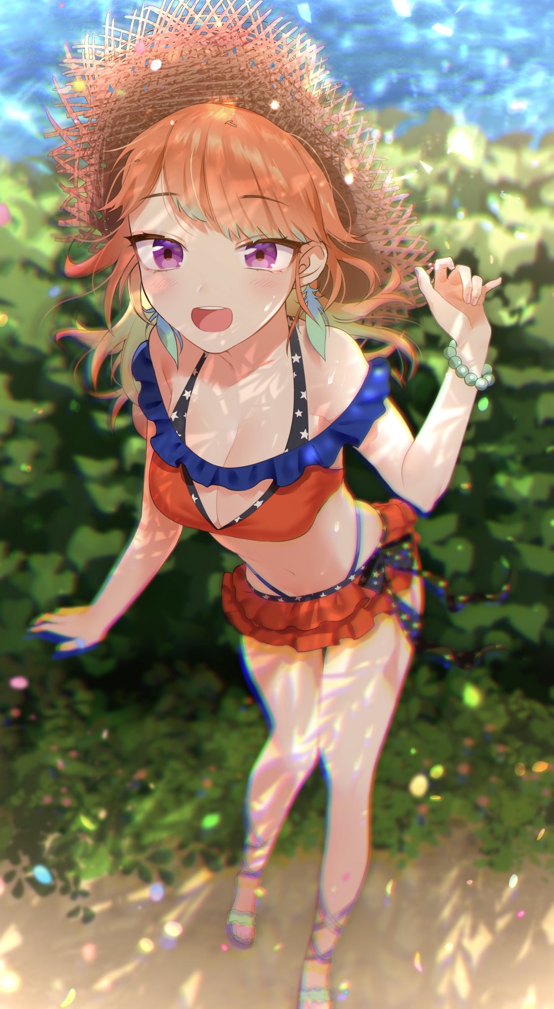 1girl bangs bikini bikini_skirt blush bracelet breasts chromatic_aberration earrings feather_earrings feathers gradient_hair halterneck hat highres hololive hololive_english jewelry long_hair medium_breasts multicolored_hair open_mouth orange_hair outdoors paderapollo sandals smile solo sun_hat swimsuit takanashi_kiara violet_eyes virtual_youtuber