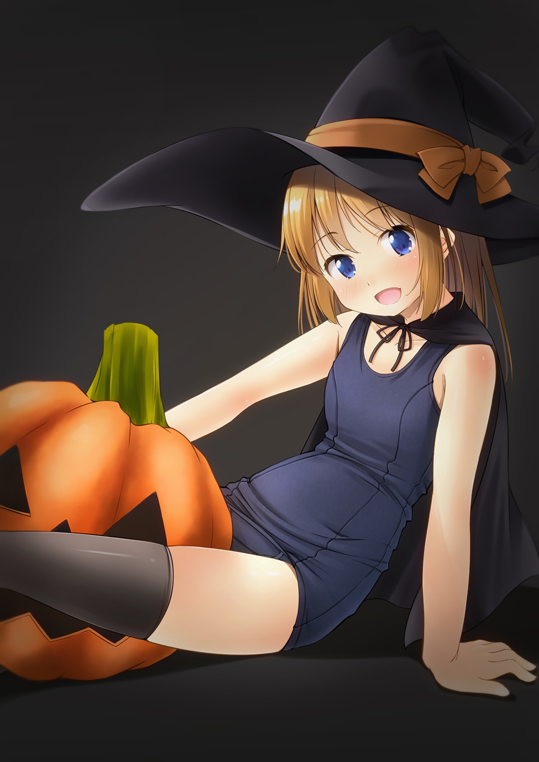 1girl :d bangs bare_arms bare_shoulders black_cape black_headwear black_legwear blonde_hair blue_eyes blue_swimsuit bow cape commentary_request eyebrows_visible_through_hair halloween hat hat_bow highres jack-o'-lantern long_hair looking_at_viewer old_school_swimsuit one-piece_swimsuit open_mouth orange_bow original school_swimsuit shibacha smile solo swimsuit thigh-highs thighs witch_hat