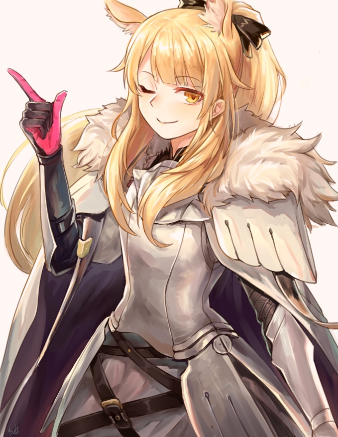 1girl ;) animal_ear_fluff animal_ears arknights armor bangs black_ribbon blemishine_(arknights) blonde_hair breastplate commentary eyebrows_visible_through_hair fur_trim gloves grey_background hair_ribbon hand_up index_finger_raised long_hair looking_at_viewer one_eye_closed pauldrons ribbon shoulder_armor simple_background smile solo takaaaa upper_body yellow_eyes