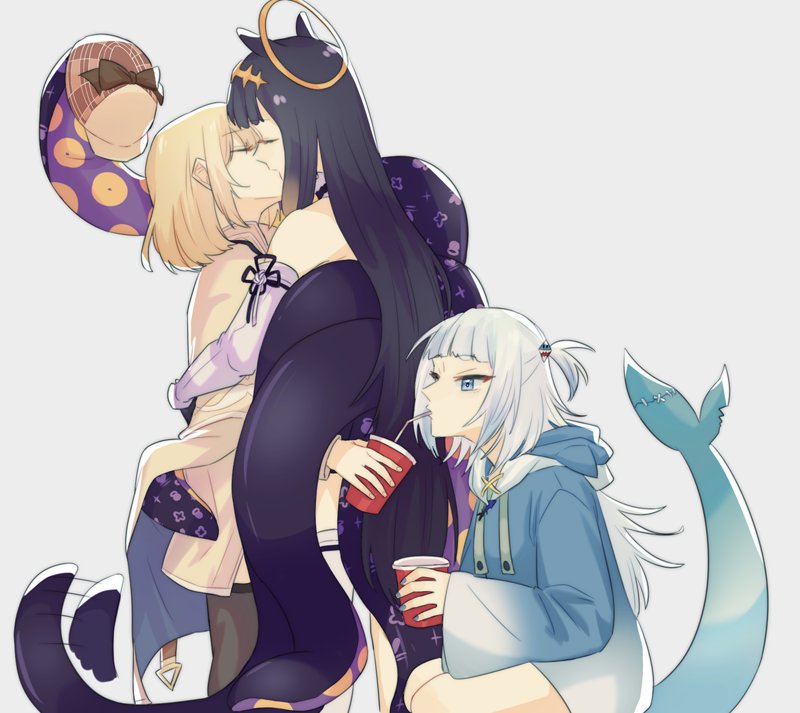 3girls black_hair blonde_hair blue_eyes closed_eyes commission drink drinking drinking_straw_in_mouth english_commentary fish_tail gawr_gura grey_background halo holding holding_drink hololive hololive_english hood hoodie hug kiss long_hair medium_hair multiple_girls ninomae_ina'nis parody shark_tail shion_(hachuumemhoe) squatting tail tentacles two_side_up virtual_youtuber watson_amelia white_hair yuri