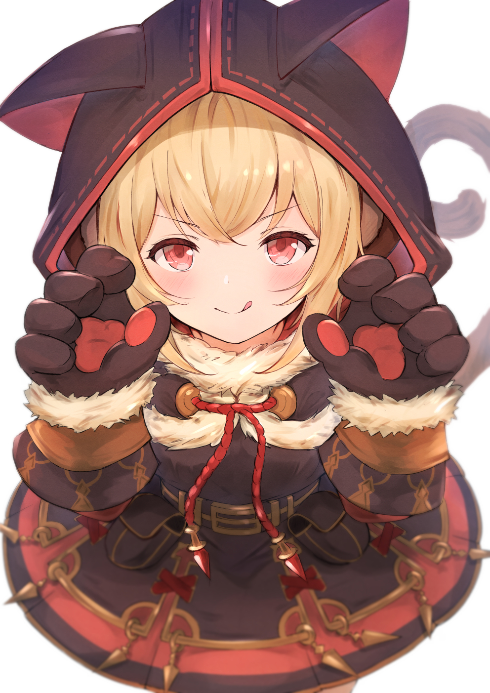 1girl andira_(granblue_fantasy) animal_ears bangs blonde_hair cat_ears cat_paws closed_mouth eyebrows_visible_through_hair fake_animal_ears granblue_fantasy happy highres hood hood_up kimblee licking_lips light_blush looking_at_viewer monkey_ears monkey_tail paws red_eyes sidelocks simple_background smile tail tongue tongue_out white_background