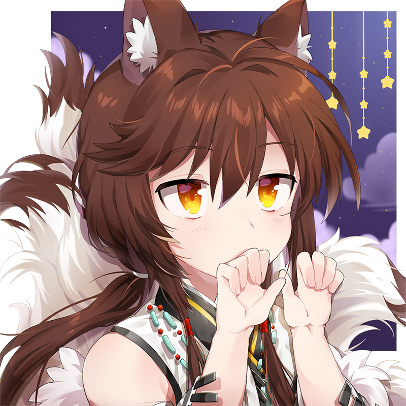 1girl animal_ear_fluff animal_ears bangs bare_shoulders brown_hair covering_mouth fox_ears fox_tail girls_frontline hand_to_own_mouth jin2 long_hair multiple_tails official_alternate_costume solo star_(symbol) tail type_79_(girls_frontline) yellow_eyes