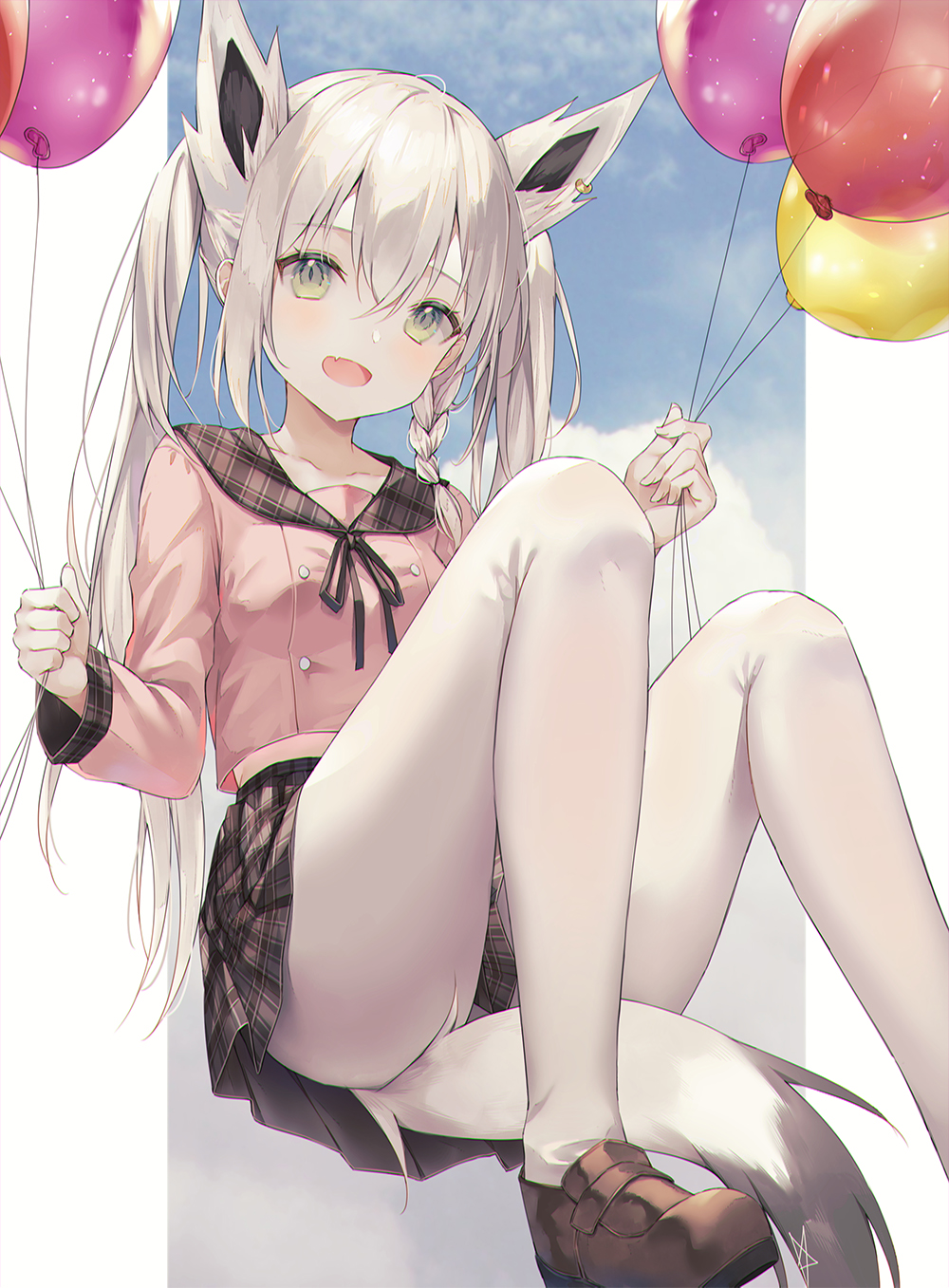 1girl animal_ear_fluff animal_ears balloon bangs beige_skirt blush braid casual cha_chya eyebrows_visible_through_hair fang fox_ears fox_girl fox_tail green_eyes hair_between_eyes highres holding holding_balloon hololive knees_up loafers long_hair long_sleeves looking_at_viewer open_mouth pantyhose pink_shirt plaid plaid_skirt pleated_skirt sailor_collar school_uniform serafuku shirakami_fubuki shirt shoes sidelocks single_braid skin_fang skirt solo tail twintails virtual_youtuber white_hair white_legwear