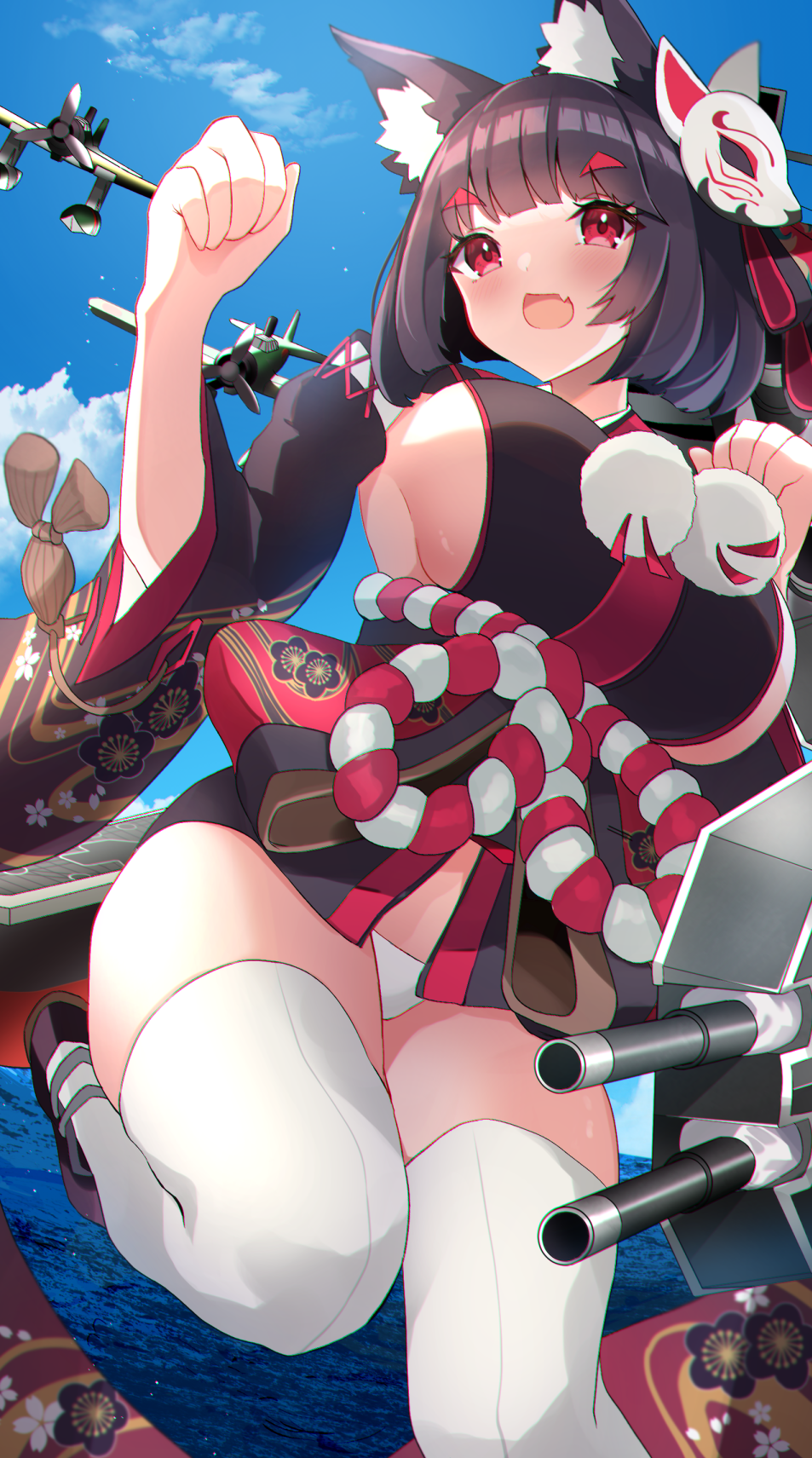1girl :d aircraft animal_ear_fluff animal_ears azur_lane black_hair blue_sky breasts cannon cat_ears commentary_request day eyebrows_visible_through_hair fang floral_print highres large_breasts looking_away mask mask_on_head ocean open_mouth panties pom_pom_(clothes) red_eyes sanba_tsui short_hair sideboob skin_fang skindentation sky smile solo standing standing_on_one_leg thigh-highs underwear white_legwear white_panties yamashiro_(azur_lane)