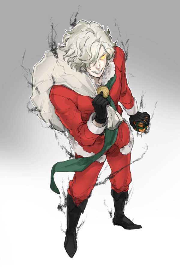 1boy aura boots christmas edmond_dantes_(fate/grand_order) energy fate/grand_order fate_(series) full_body gift glowing glowing_eyes grin imanatsu long_sleeves male_focus sack santa_costume simple_background smile solo white_hair