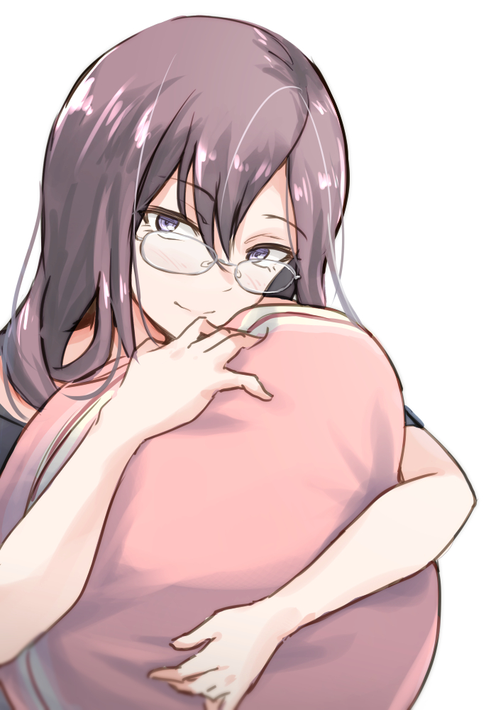 1girl black_shirt blue_eyes brown_hair commentary_request glasses holding holding_pillow idolmaster idolmaster_cinderella_girls long_hair looking_at_viewer pillow shirt smile unu_(unucence) yagami_makino