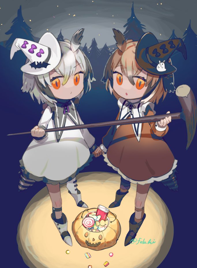 2girls alternate_costume bangs bird_tail black_headwear boots brown_dress brown_hair candy cane commentary dress eurasian_eagle_owl_(kemono_friends) feb_ki food full_body hair_between_eyes halloween_basket hat holding_hands jack-o'-lantern kemono_friends lollipop long_sleeves looking_at_viewer mini_hat mini_witch_hat multicolored_hair multiple_girls night northern_white-faced_owl_(kemono_friends) orange_eyes short_hair swirl_lollipop tilted_headwear white_dress white_hair white_headwear witch_hat