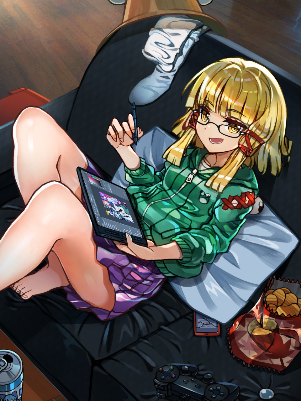 1girl animal_print bangs barefoot black-framed_eyewear blonde_hair broken_screen can chips cirno commentary contemporary couch creeper_(gametime) drawing_tablet eyebrows_visible_through_hair eyes_visible_through_hair food frog_print from_above full_body glasses green_hoodie hair_between_eyes headwear_removed highres holding holding_pen hood hoodie indoors leaf_print leaning_back legwear_removed looking_at_viewer maple_leaf_print medium_hair mixed-language_commentary moriya_suwako open_mouth pen phone pillow playstation_controller potato_chips purple_skirt sidelocks sitting skirt soda_can solo sweet_potato thigh-highs touhou white_legwear yellow_eyes zipper zipper_pull_tab
