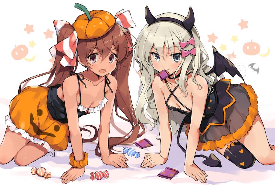 2girls all_fours bangs black_legwear blonde_hair blue_eyes breasts brown_hair candy crescent dress fake_horns fang food ghost grecale_(kantai_collection) hair_ribbon halloween halloween_costume horns jack-o'-lantern kantai_collection libeccio_(kantai_collection) long_hair mouth_hold multiple_girls odawara_hakone open_mouth ribbon scrunchie simple_background single_thighhigh small_breasts star_(symbol) tail tan thigh-highs twintails white_background wings wrist_scrunchie